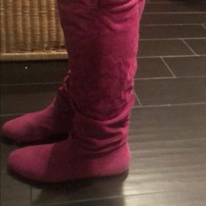 Pink suede high boots with flat heel